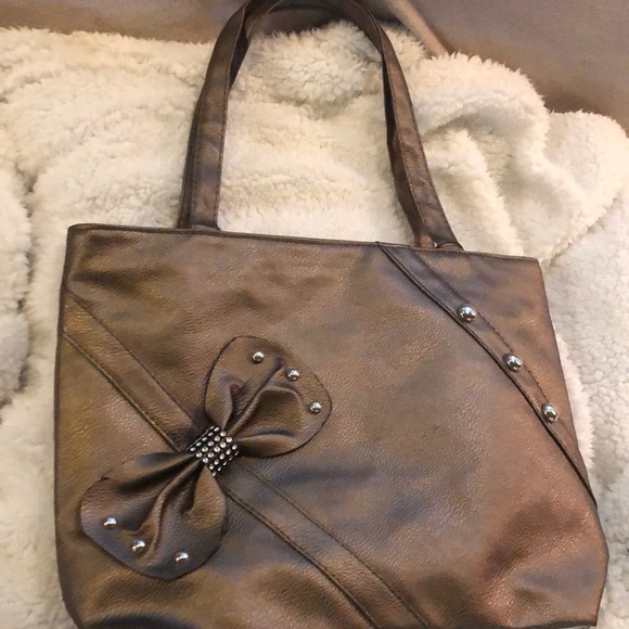 PU Leather Tote. Dark silver with Rhinestone Bow - Picture 3 of 6